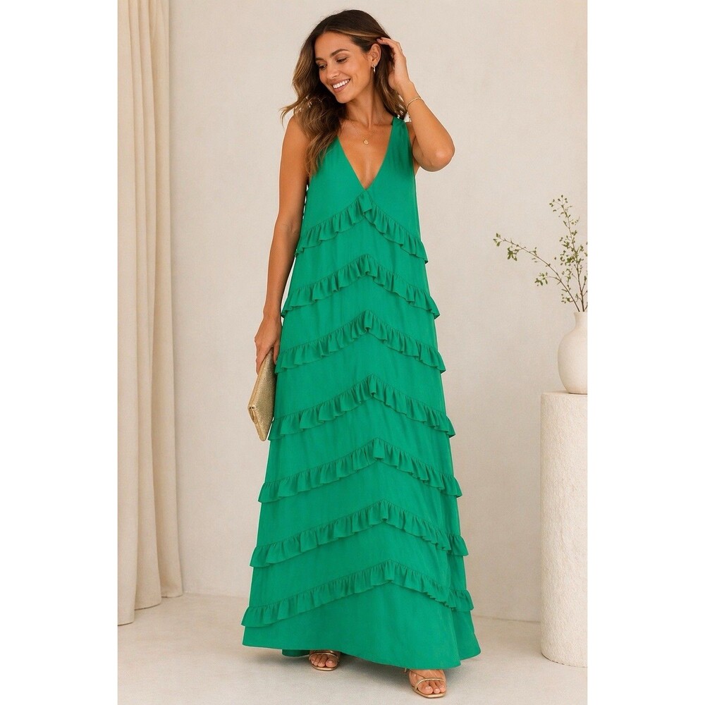 Pretty Lavish Green Ruffle Tiered Maxi Dress Sleeveless V Neck Size 16